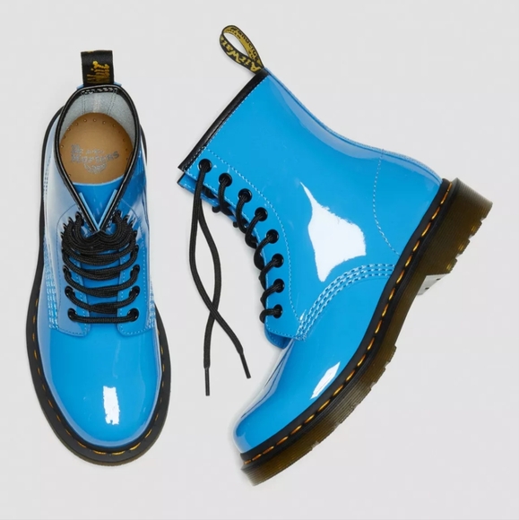 Dr. Martens Shoes - Dr. Martens Women's Turquoise Blue Patent Leather 1460 Lace Up Moto Boots